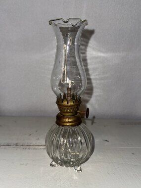 Vintage Brass Ribbed Footed Glass Oil Lamp  With Chimney MCM Handblown Kerosene